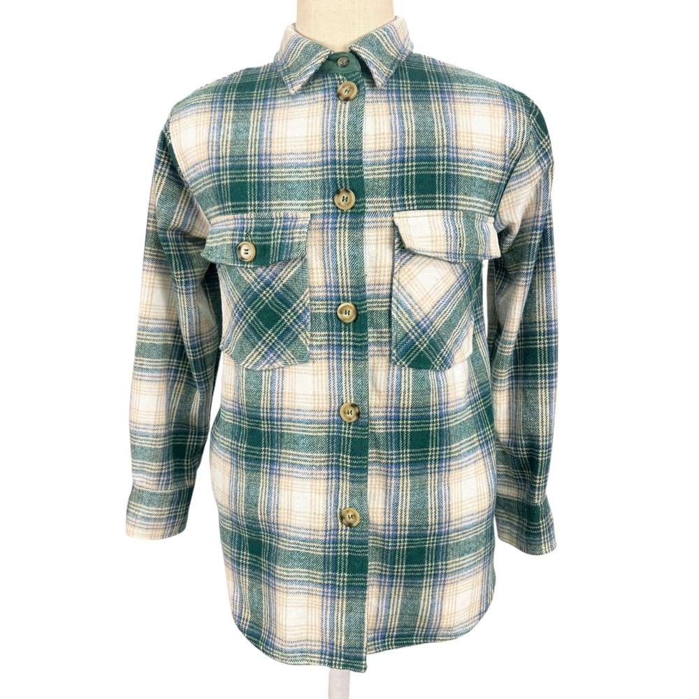 Kori Plaid Button Down Flannel Shacket Green Cream Oversized Shirt Jacket S